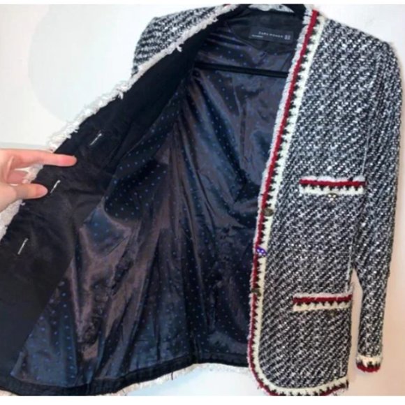 NWOT Zara Woman Black White Red boucle Tweed Jacket Blazer M - Picture 5 of 10